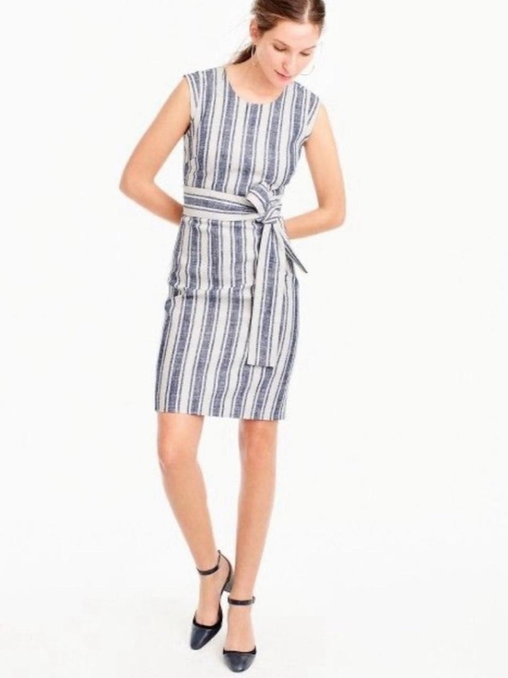 J. Crew Blue White Stripe Linen Belt Midi Dress Sleevless sz 0 nautical chic